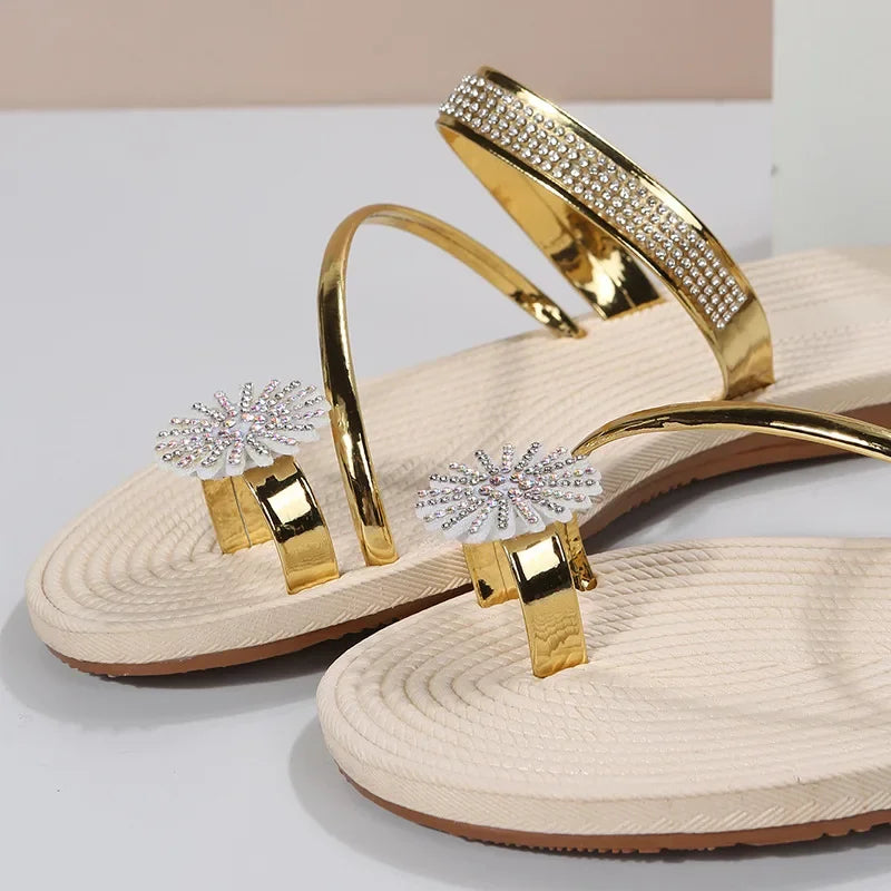 Women Summer Flat Rhinestone Flower Beach Slippers Comfy Clip Toe Lady Flat Beach Sandals Casual Female Flip Flops Zapatos Mujer