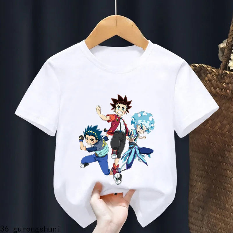 2024 Beyblade Burst Evolution Print Kids T Shirt Girls Summer Tops Baby Boys Clothes Cartoon Children Short Sleeve T-shirt