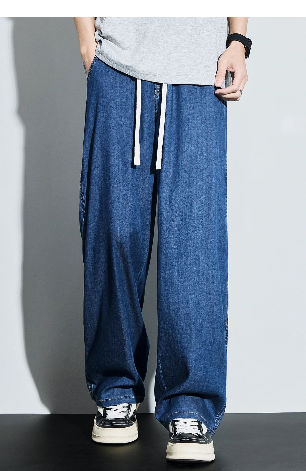 High Quality Spring Summer Lyocell Men's Jeans Baggy Straight Drawstring Streetwear High Street Trousers Male 7 Color