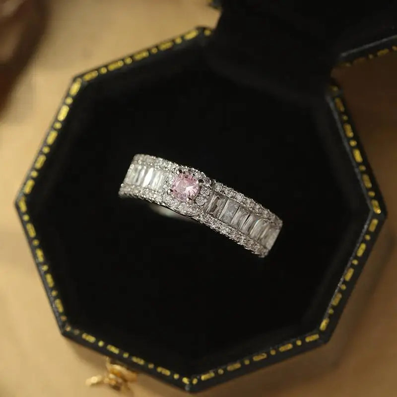 2023 New Fashion Korean Love Heart Pink Rhinestone Silver Color Open Ring for Women Shiny Luxury Adjustable Rings Jewelry Gifts