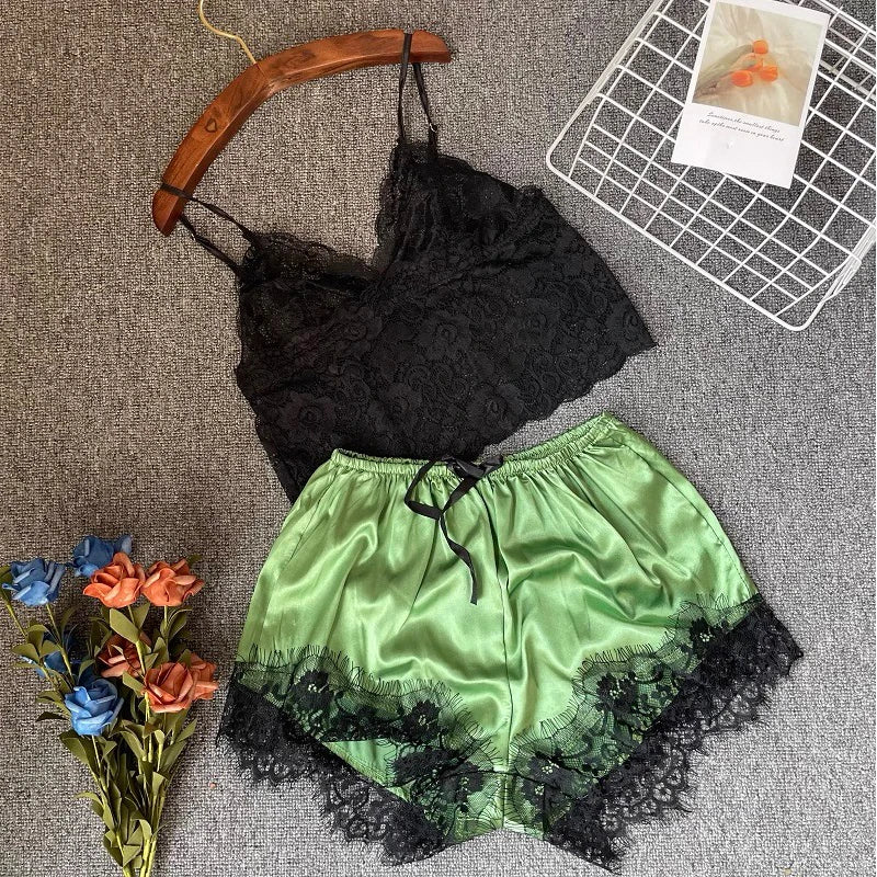 Women's 2 Piece Sexy Lace Pajama Set See-through Bralette Cami Top And Shorts Breathable Sleepwear Plus Size Summer Lingerie