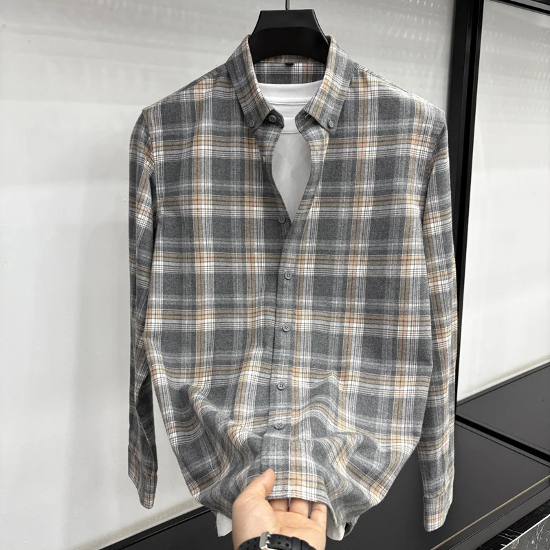 100Cotton High Quality Men's Lapel Contrast Plaid Long Sleeve Shirt Autumn New Matted Breathable Fashion Casual Trend Menswear