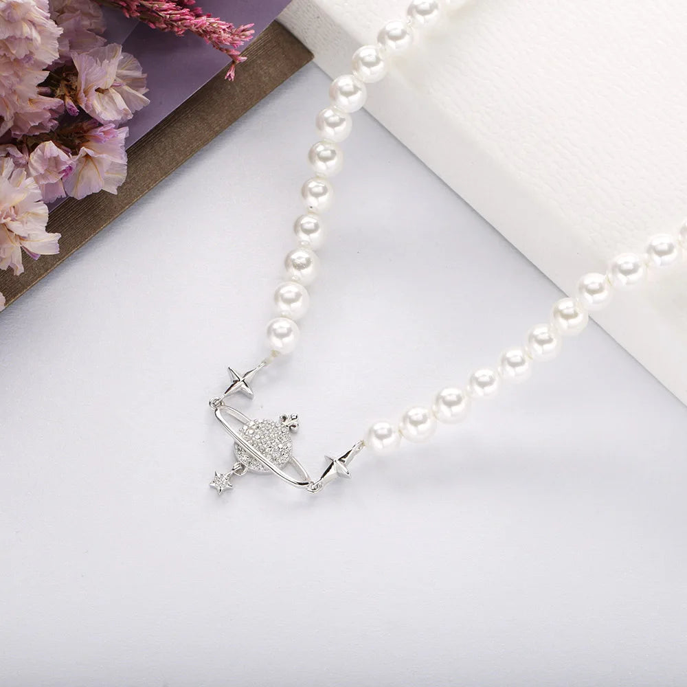 100% 925 Sterling Silver Pearl Shell Necklace Choker For Women Saturn Pearl Necklace Stereoscopic Saturn Pendant Pearls Choker