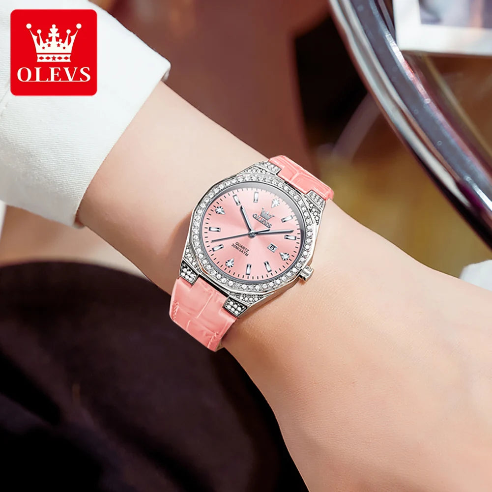 OLEVS NEW Women's Watches Pink Leather Strap Full Diamond New Style Date Waterproof Original Quartz Watch for Girl Fashion