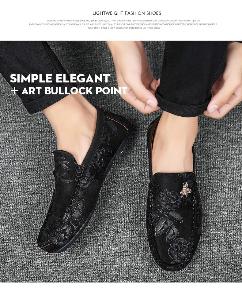 Luxury Brand Yellow Men Casual Shoes Fashion Flower Print Loafers Men Designer Flat Shoes Comfortable Slip-on Male Driving Shoes