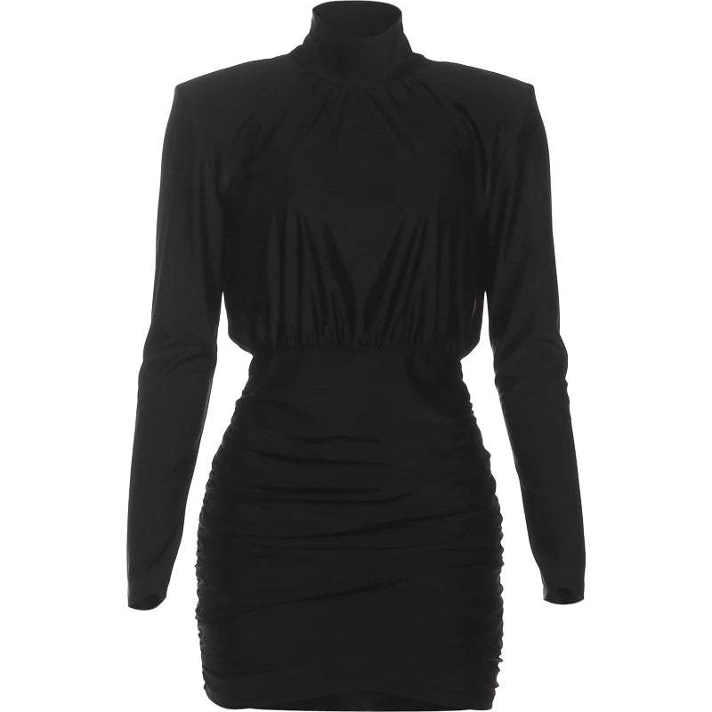 Nibber Classic Turtleneck Dress Women Shoulder Padded Ruched Sexy Office Commute Simple Peach Hip Skinny Elegant Mini Bodycon