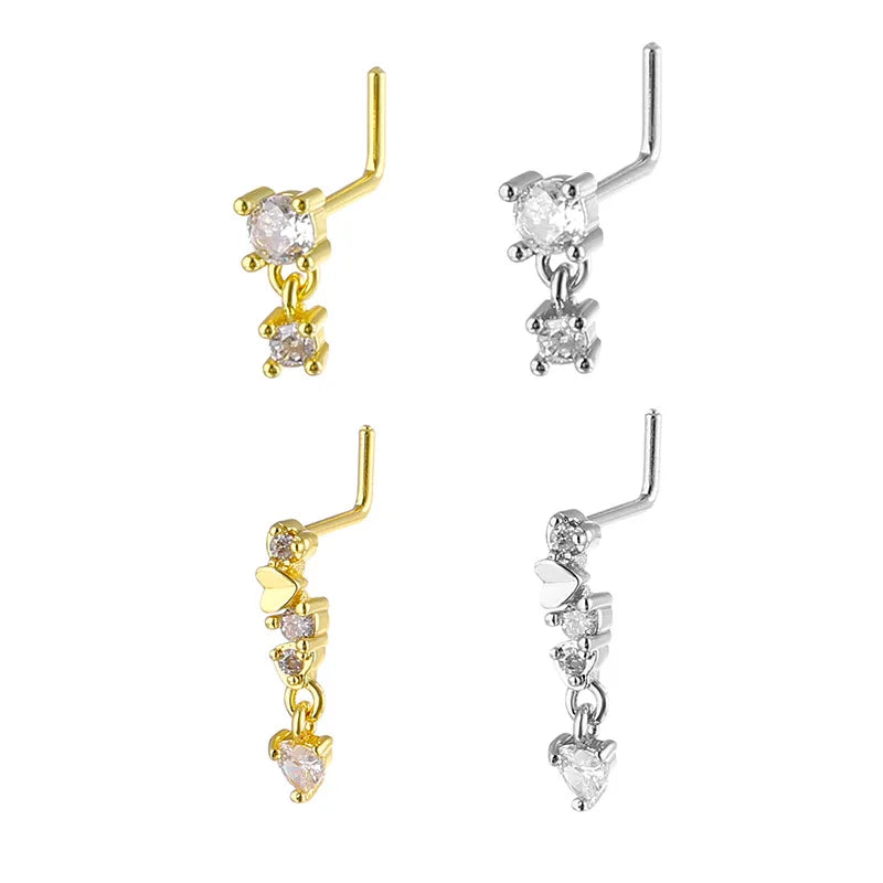 Stainless Steel Long Fashion Nose Rings for Women Copper with CZ Heart Dangle L-Bend Nose Piercing Jewelry Body Jewelry 20G