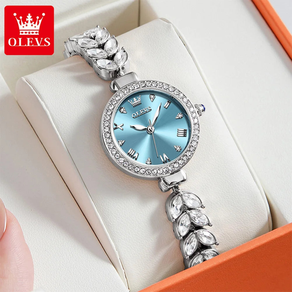 OLEVS 9971 Original Quartz Watches for Woman Fashion Full Diamond Mermaid Bracelet Wrist Watch Luxury Elegant Ladies Dress Watch