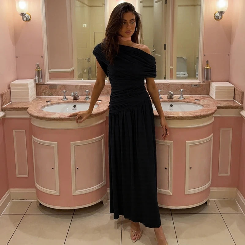 Hugcitar One Shoulder Ruched Sleeveless Solid Pleated Sexy Irregular Y2K Maxi Dress Summer Elegant Party Women Clothes Vacation