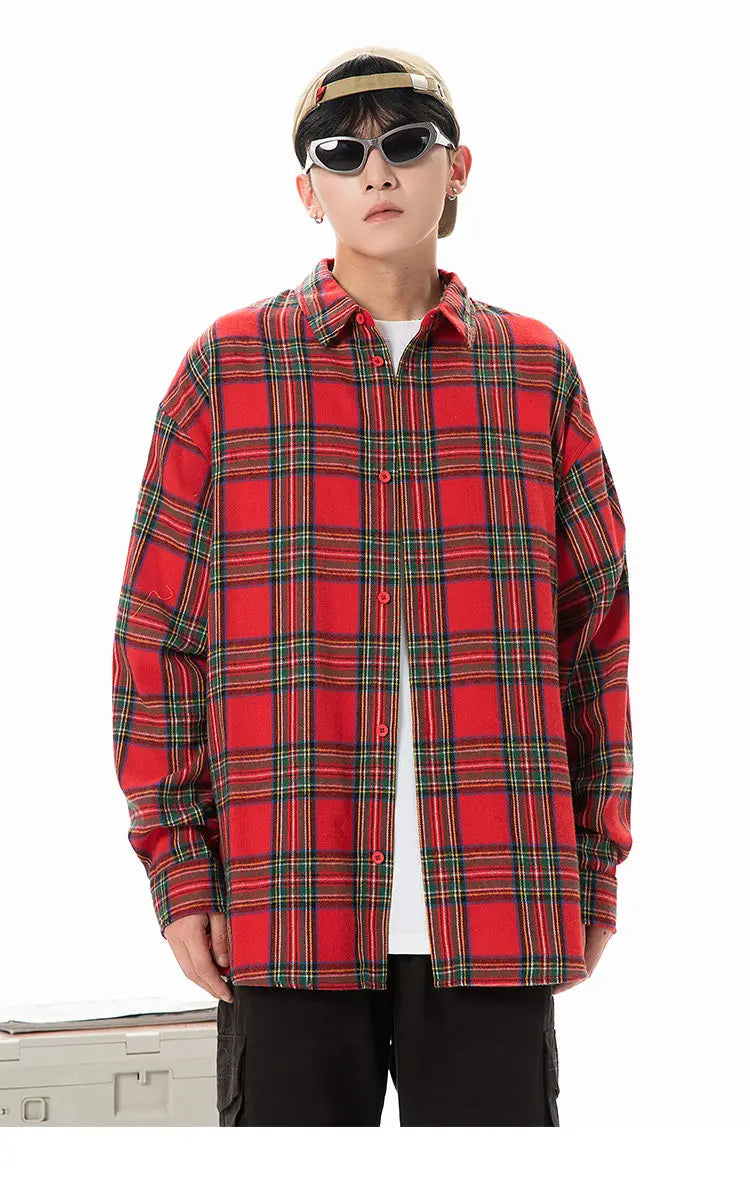 Plaid Shirt with Long Sleeves, Loose Fit, for Casual Men, Harajuku Style, Spring and Autumn Brushed Cotton Shirt.Oversized
