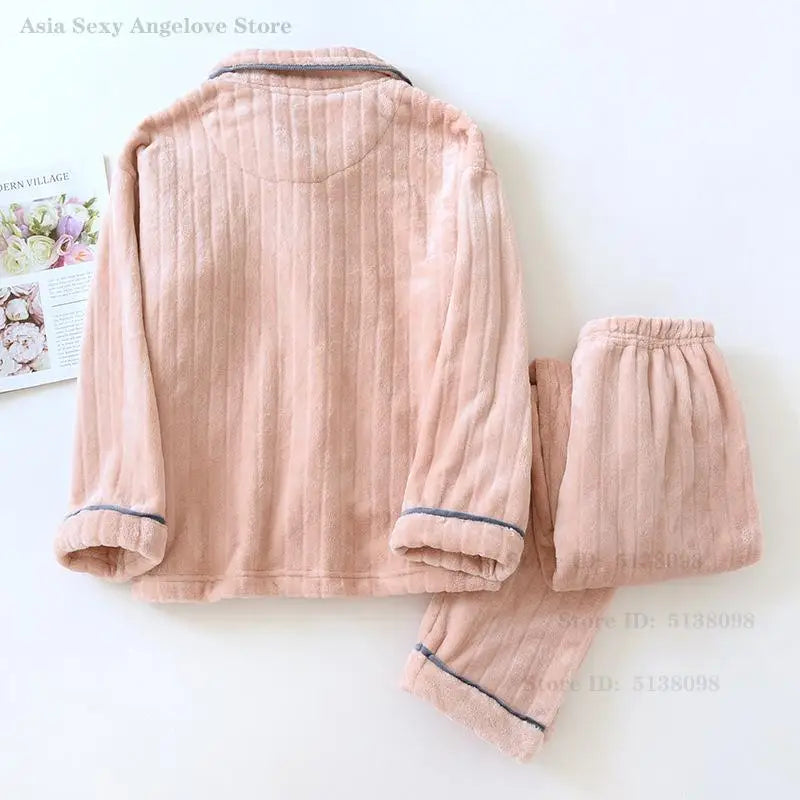 Couple Pajamas Winter Thick Coral Fleece Lapel Cardigan Sleepwear Flannel Men Women's Home Clothes Intimate Lingerie Nightwear