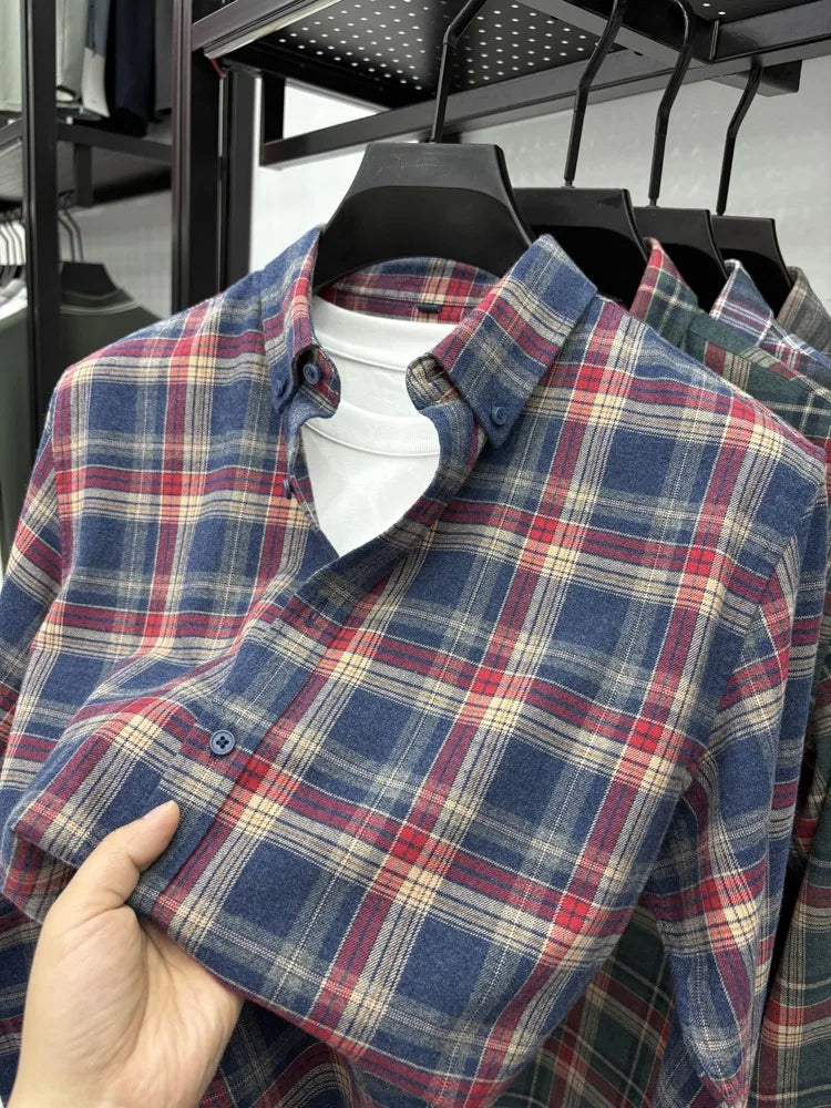 New 2025 Men's Long Sleeve Cotton Shirt Fleece Business Casual Easy Care Youth Outerwear Top Polyester Fiber Cool Sensation