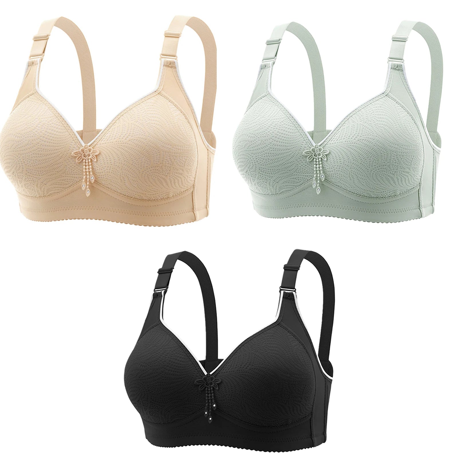 3pcs Women's Bra Lingerie - Appliques Jacquard Lightly Padded Push-Up, Adjustable Straps for Cup A B C D, Sexy Underwear