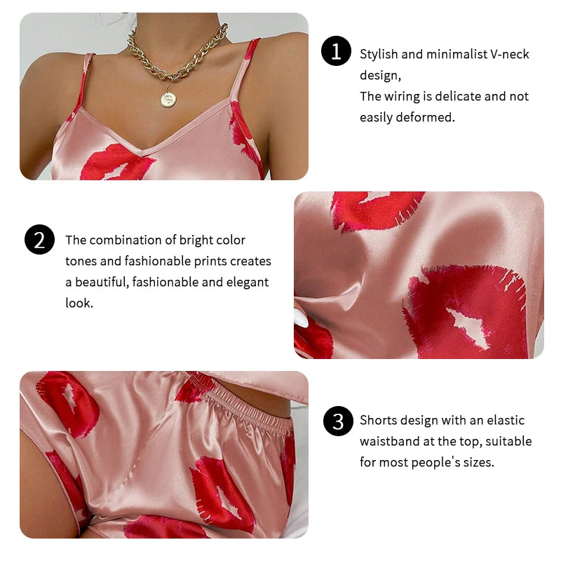 Women's Cute Heart Print Satin Pajama Set - V Neck Cami Top and Elastic Shorts for Comfortable Sleep and Lounging Homewear