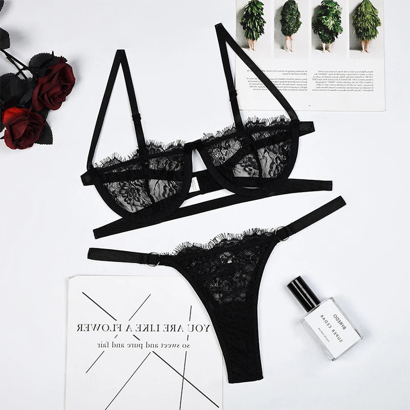 Lace Sheer Bra Cute Women's Pajama Set With Panties Embroidery Sexy Lingerie Steel Ring Push-Up Body Bras Femme Sleepwear Sets