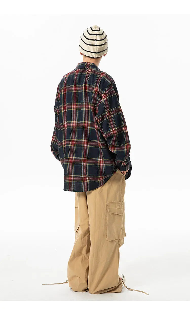 Plaid Shirt with Long Sleeves, Loose Fit, for Casual Men, Harajuku Style, Spring and Autumn Brushed Cotton Shirt.Oversized