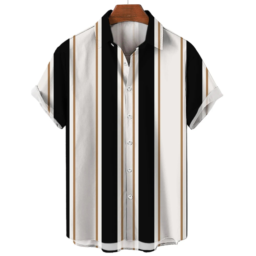 Men's Hawaiian Shirt Summer Stripes Print Short Sleeve Top Tees Fashion Casual Social Shirts Lapel Button Oversized Men Clothing