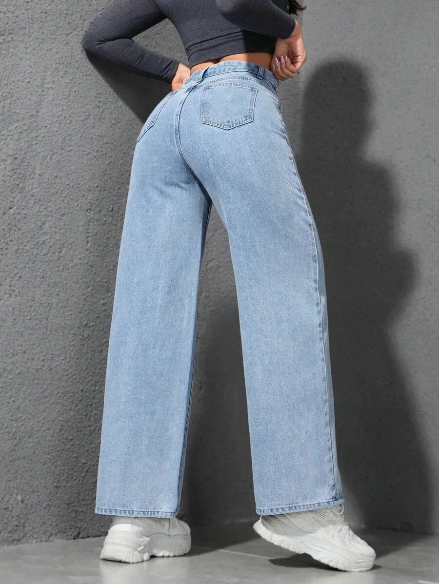 Retro Loose Wide Leg Jeans Fashion Women Solid Straight Wash High Elastic Waist Denim Pants Casual Streetwear Pocket Trousers