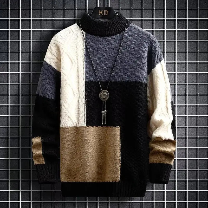 Retro Spliced Thickened round Neck Sweater for Men Loose Fit Knitted Winter Fashion Casual Cotton Polyester Blend Knitwear