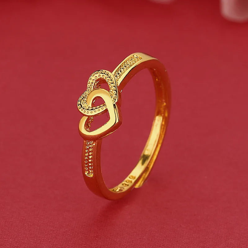 24K Gold AU999 Double Heart Jewelry | Matte hearts with glossy outlines, adjustable opening, versatile for daily wear