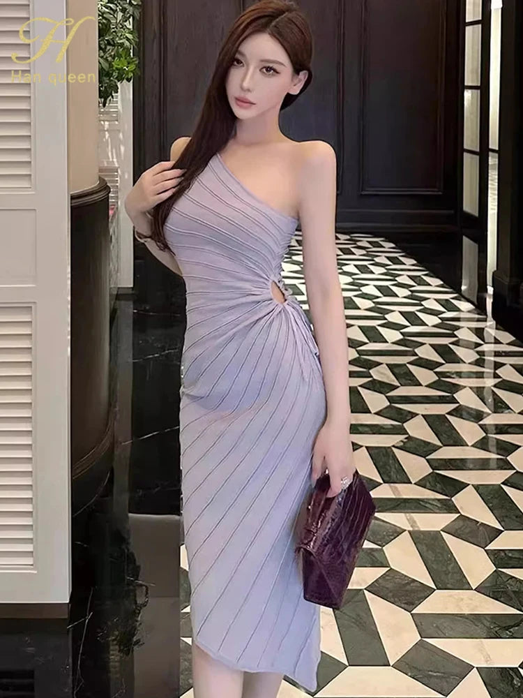 Women Elastic Summer Simple Party Dresses Sexy Irregular One Shoulder Stripe Sheath Pencil Dress