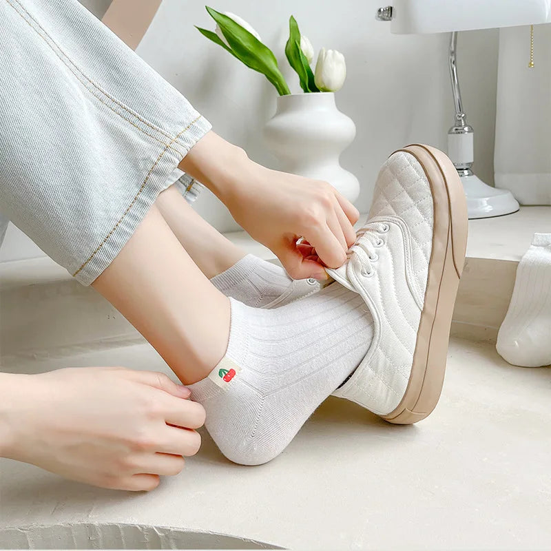 Solid Color White Short Socks Women Casual Cotton Breathable Low Cut Ankle Socks College Style School Students Kawaii Cute Socks