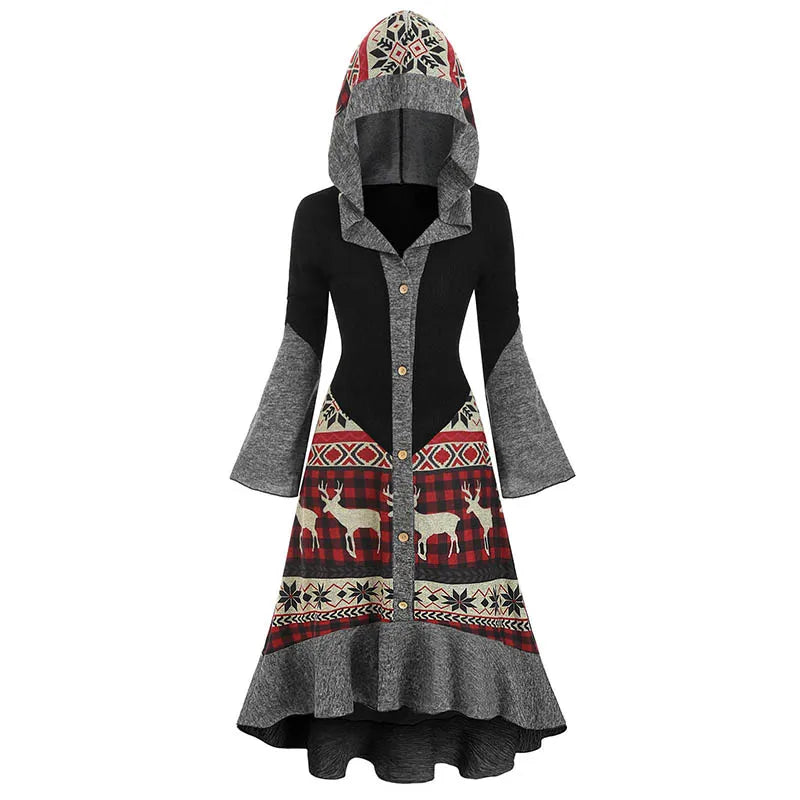 Dressfo Christmas Dress Elk Snowflake Tribal Pattern Knit High Low Flocking Liner Hooded Dress Button Up Flare Sleeve Midi Dress