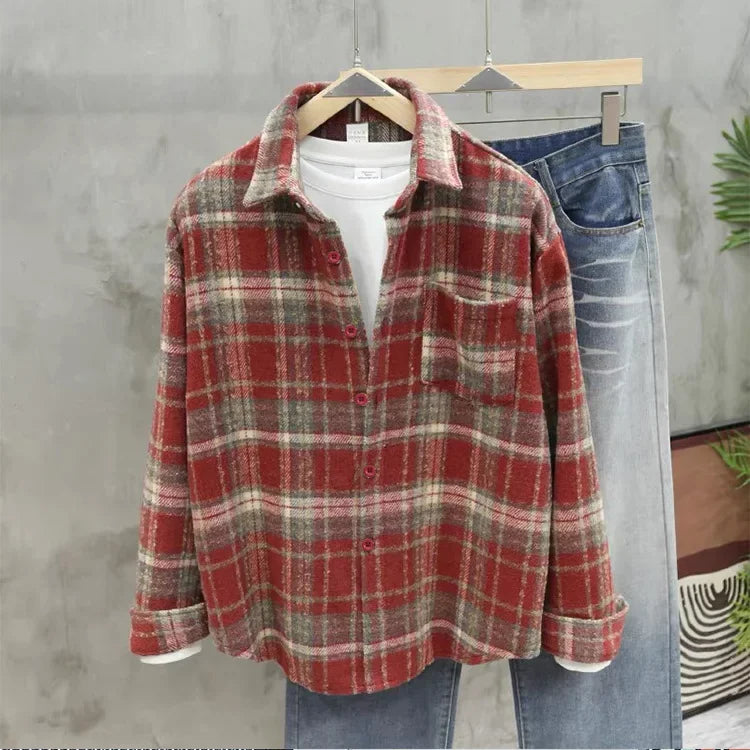 Retro American Plaid Long Sleeve Shirt Women's Lazy Style Loose Slimming Versatile Flannel Coat with Pocket Full Length Button u