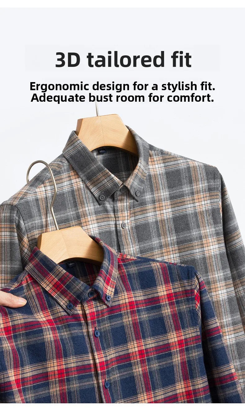 Men's Plaid Long Sleeve Shirt Fleece Finish Casual Style High End Feeling Autumn Winter Collection Fashionable Youth Urban Wear