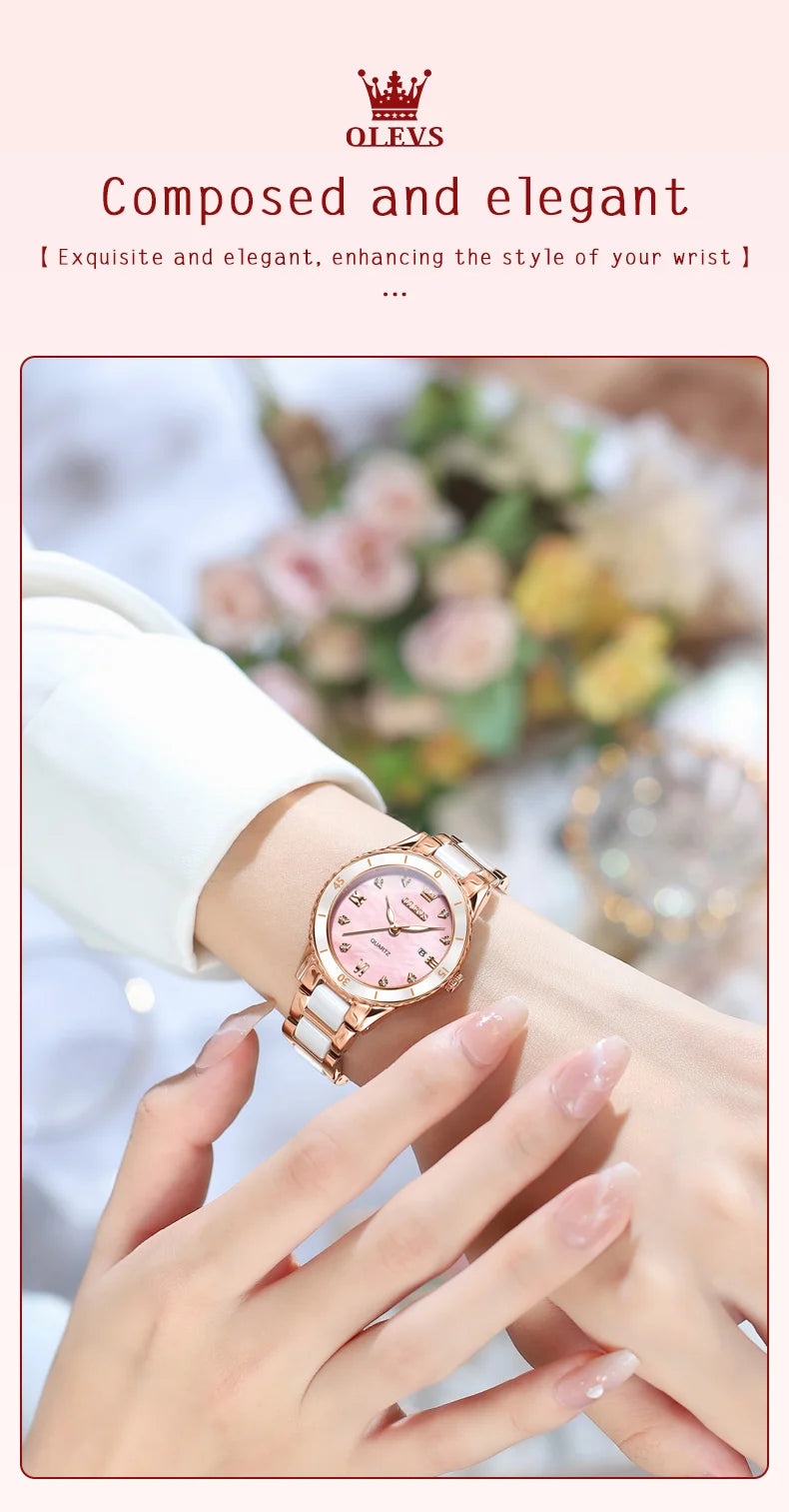 OLEVS Women Watch Diamond Roman Scale Waterproof Calendar Elegant Quartz Watches Ceramic Strap Luxury Original Girls Watch 9985