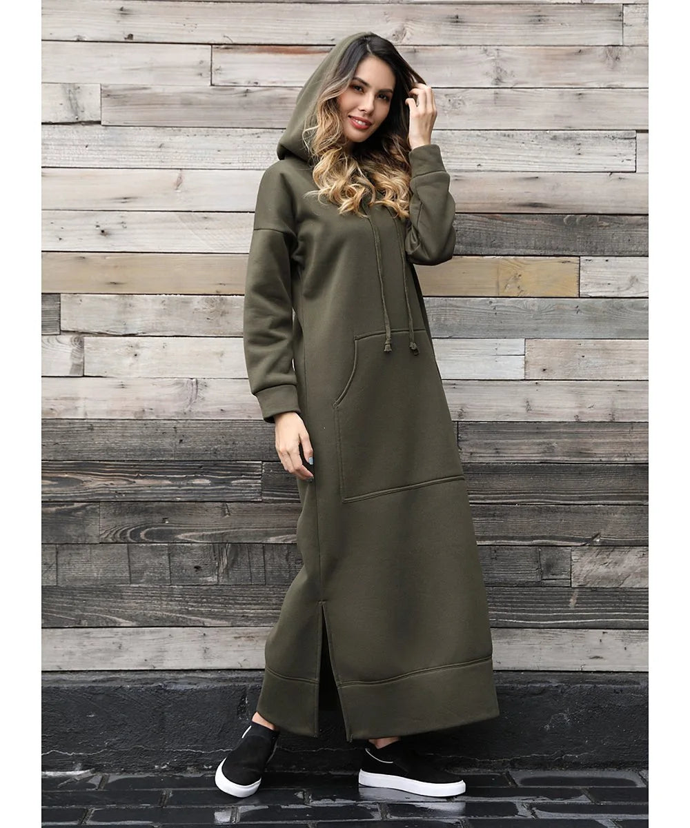 Autumn Winter New plus Size Loose Knitted Long Dress Hoodie Fleece Casual Fashion Dress Large Pocket Skirt Elegant Commute