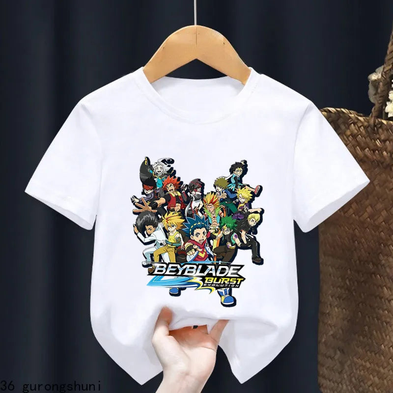 2024 Beyblade Burst Evolution Print Kids T Shirt Girls Summer Tops Baby Boys Clothes Cartoon Children Short Sleeve T-shirt