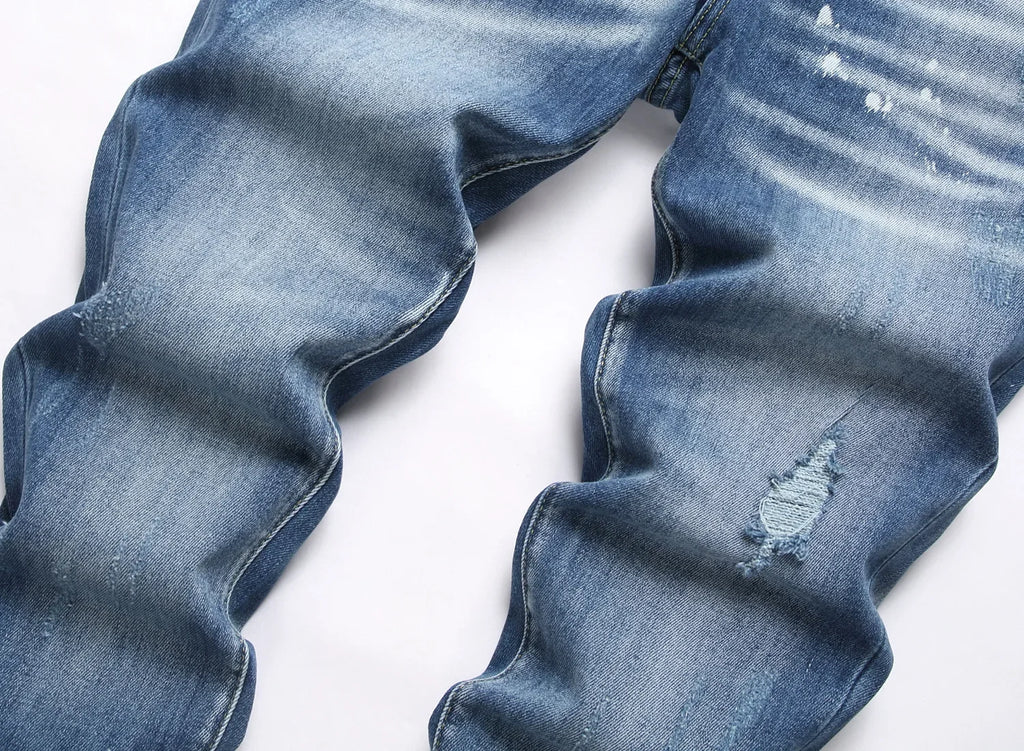 2025 Men's Ripped Jeans Luxury Brand Light Blue Holes Long Trousers Quality Male Fashion Stretch Slim Pants Men Skinny Jeans