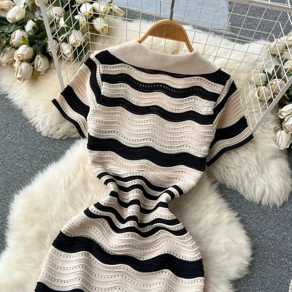 Short Sleeves Striped Long Dress Lapel Neck Hollow Out Slim Bodycon Sundress Fashion Hotsweet Knitted Beach Midi Dress