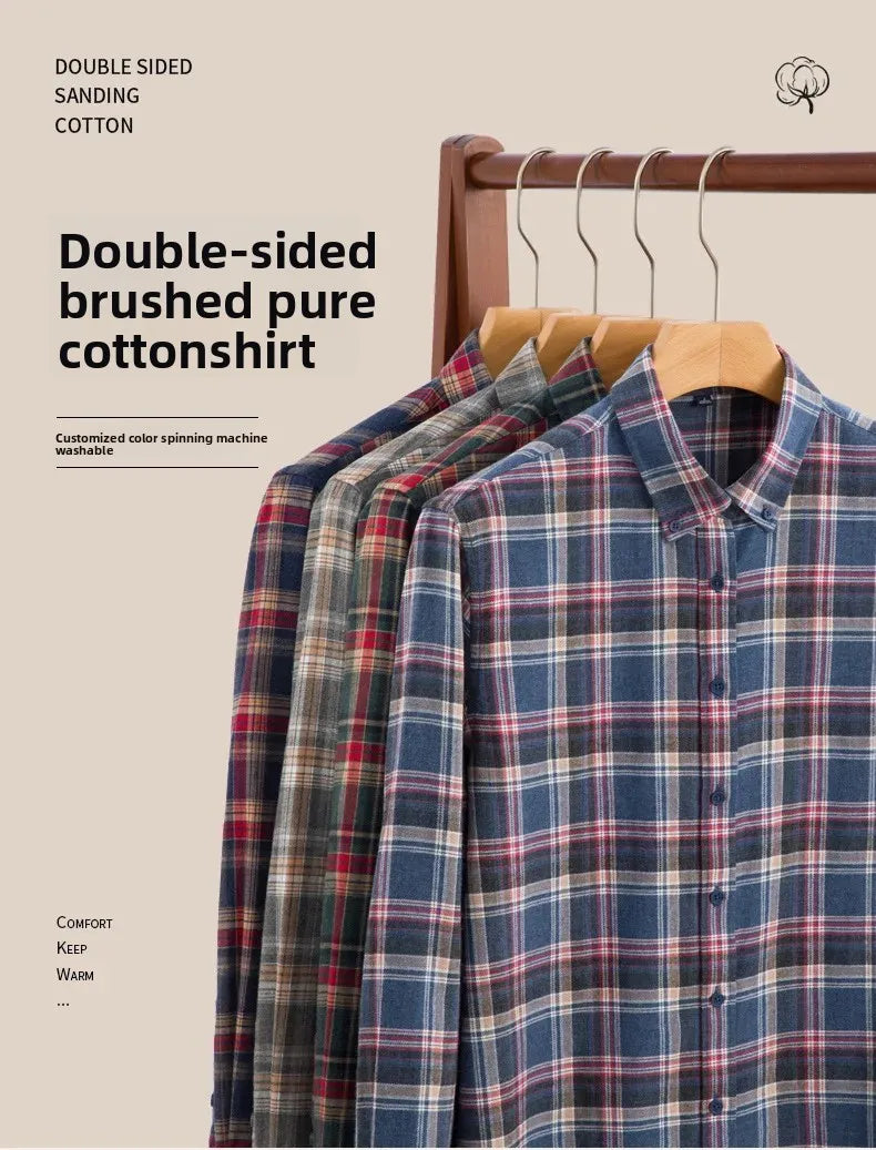 Pure Cotton Flannel Plaid Long Sleeve Casual Shirt for Men Spring Autumn New Style Retro Cross-Border Checkered Shirt
