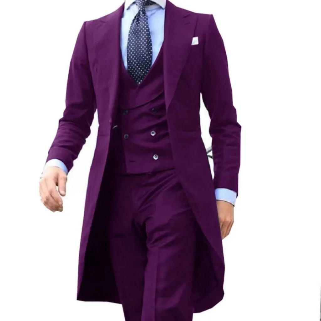Suits for Men Peak Lapel Long Tail Coat 3 Pieces Blazer Vest and Pants Set Formal  Wedding Dresses Ceremony Evening Party