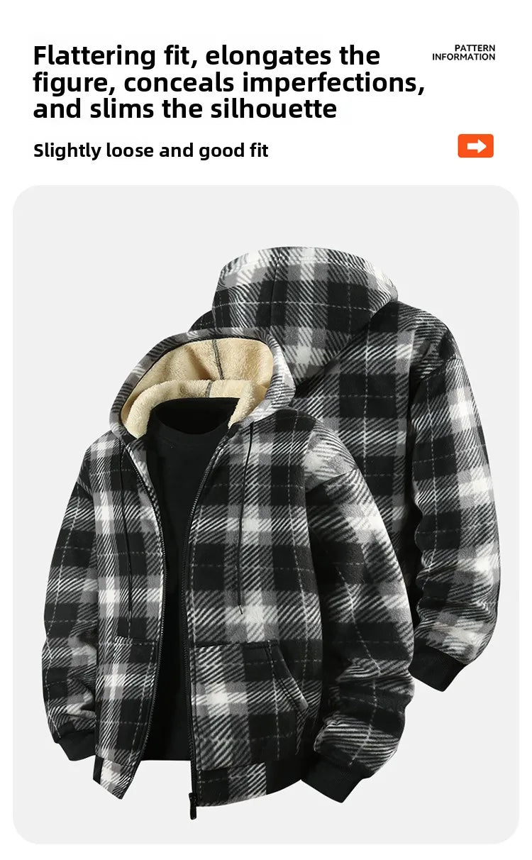 Men's New Plaid Hooded Jacket Sweater Autumn/Winter Fleece Coat Thickened Warm Casual Clothing Windproof Outerwear