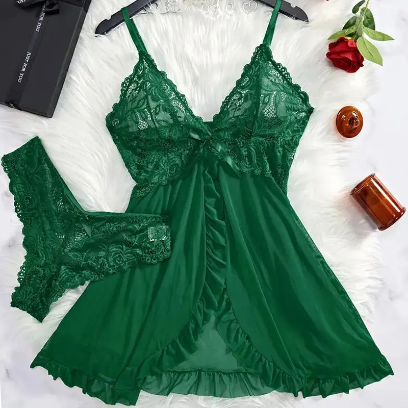 Suspender Suit Summer Ultra-thin Nightgown Lace Thong Sets Women's Sexy Pyjamas Lingerie Hot Night Dress Comfortable Sleepwear