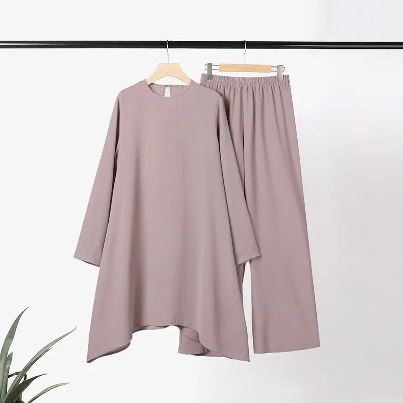 Hot Sale Of The Season Muslim Women's Fashion Casual round Neck Overhead Long Pants Midi Skirt Set Solid Color Middle East Cross