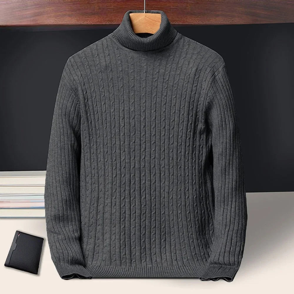 New Men's Turtleneck Sweaters Autumn Knitted Striped Streetwear Warm Long Sleeved Pullover Solid Color Basic Style Casual Tops