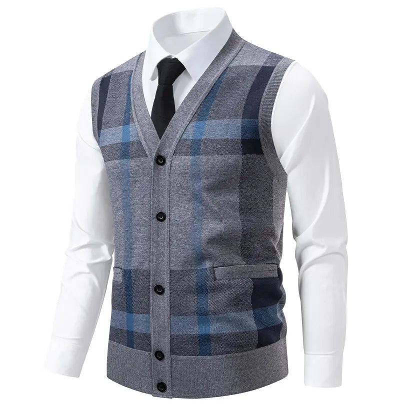 New Mens Fleece Knitted Vest Sleeveless Autumn Winter V Neck Sweater Vest Button Front Knit Cardigan Vest