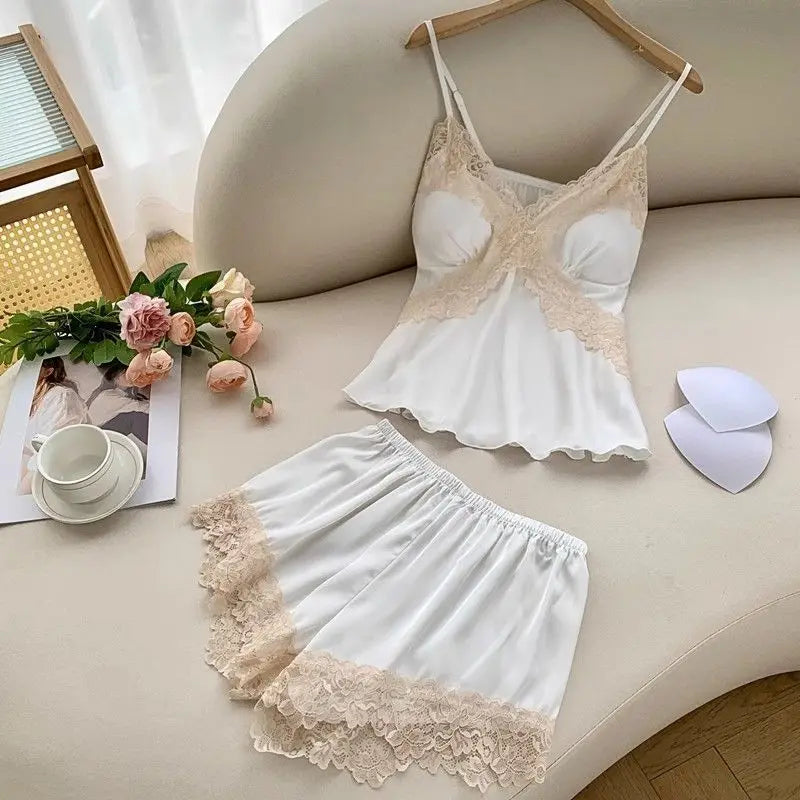 Daeyard Silk Pajama Set For Women Sexy Lace Summer Cami and Shorts Lingerie Set Satin Sleepwear 2 Pieces Pjs Nightwear