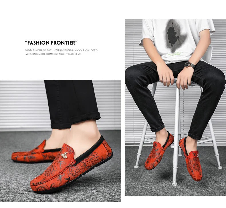 Luxury Brand Yellow Men Casual Shoes Fashion Flower Print Loafers Men Designer Flat Shoes Comfortable Slip-on Male Driving Shoes