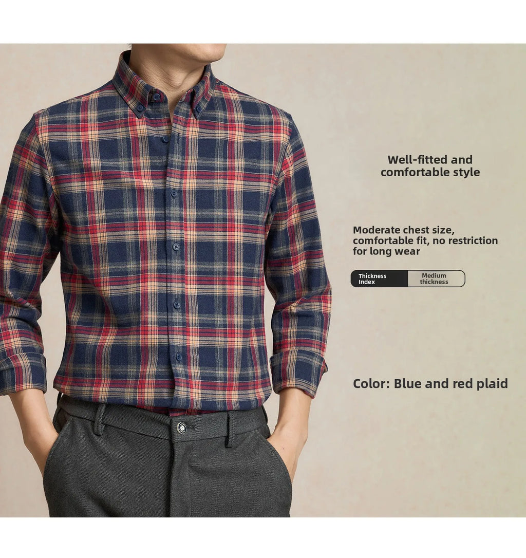 Men's Plaid Long Sleeve Shirt Fleece Finish Casual Style High End Feeling Autumn Winter Collection Fashionable Youth Urban Wear