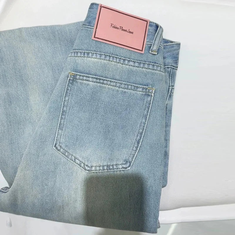 Light blue loose straight jeans female autumn new style high waist show thin all hang feeling wide leg pants ins tide