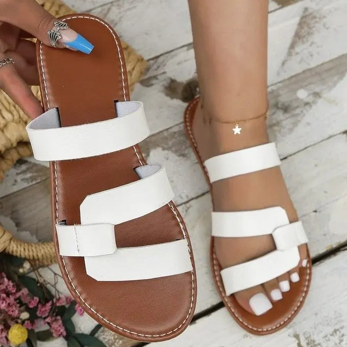 Women's Solid Color Slides, Lightweight Flat Slip On Walking Slides, Comfort Beach Slides