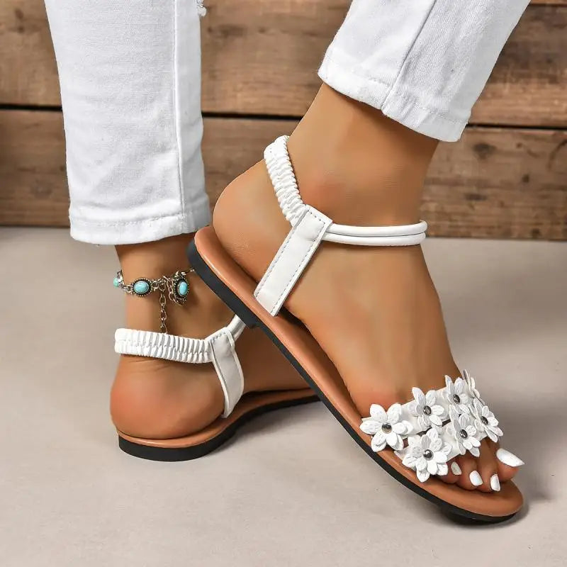Flower Decoration Flat Sandals for Women Summer 2025 Lightweight Comfort Beach Shoes Woman Fashion White Floral Dress Sandalias