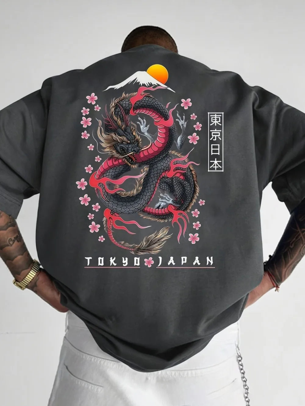 Fashionable men's summer new dragon print flower comfortable breathable round neck T-shirt outdoor street style top