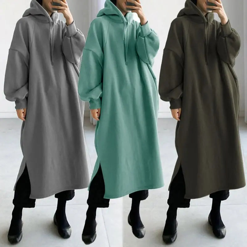 2025 Thicken Autumn Winter Women Oversized Hoodie Long Dress Solid Fashion Long Sleeve Female Clothing Casual Loose New Dresses