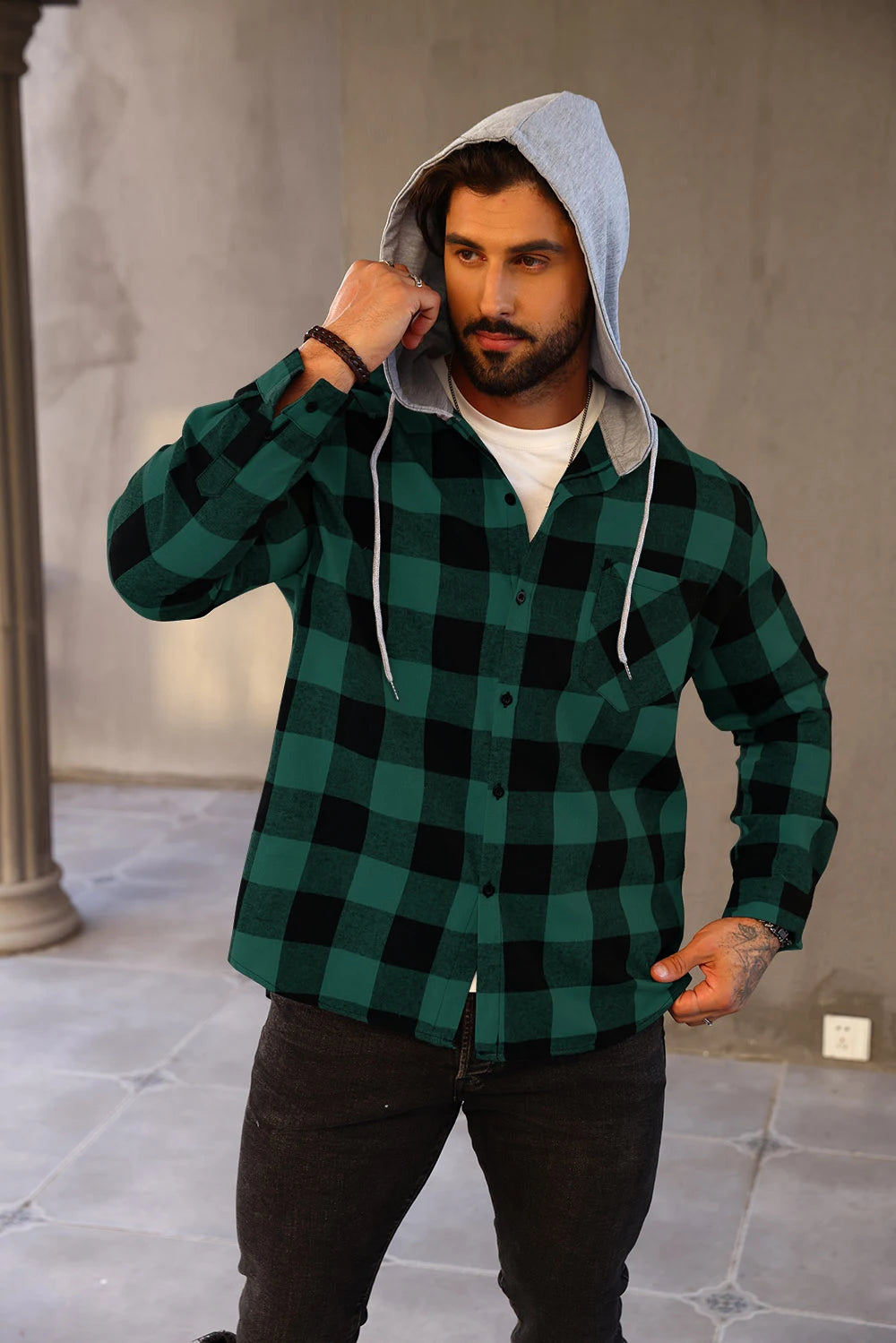 Mens Colorful Plaid Hooded Cardigan Color Block Sweatshirt with Pockets Top Jacket